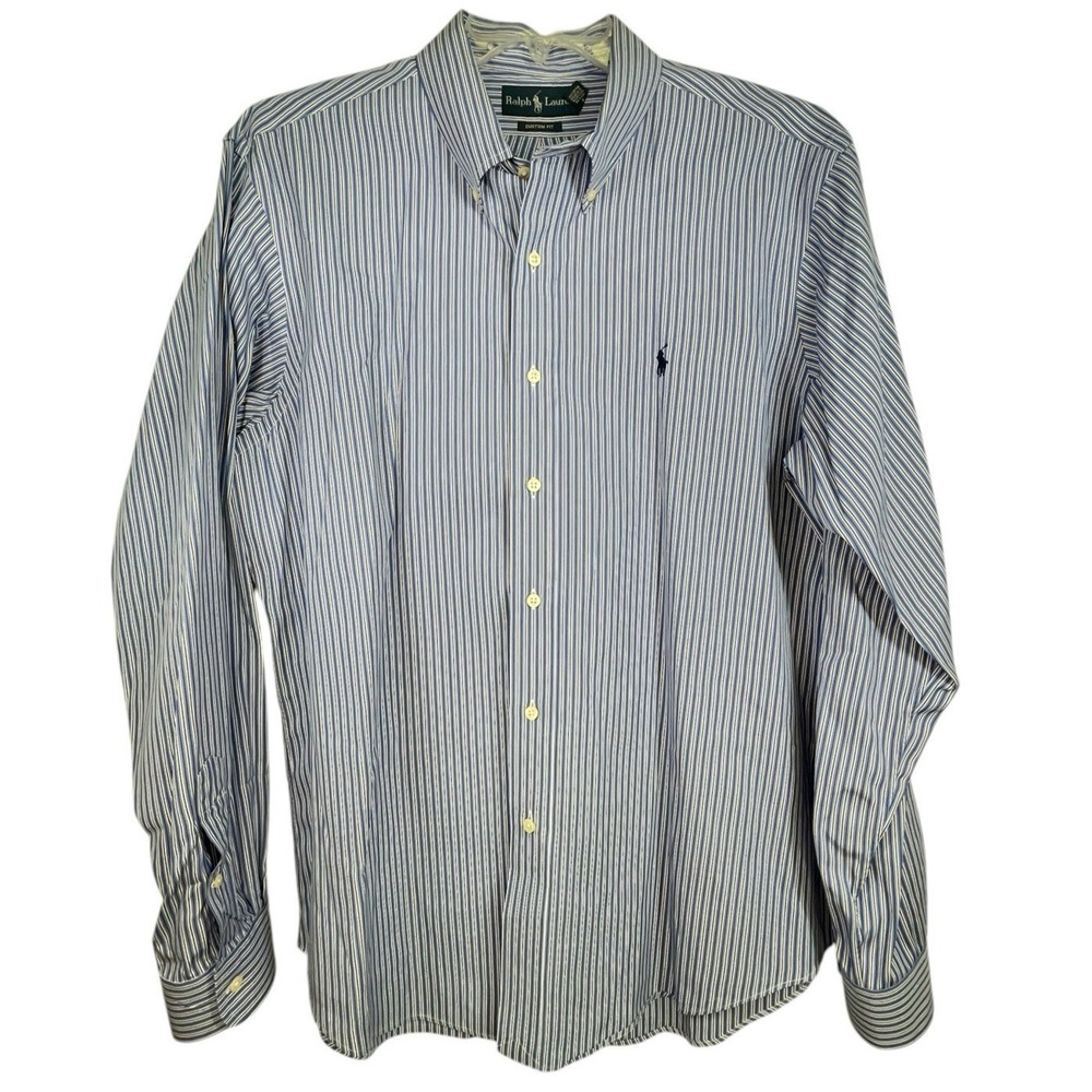 Ralph Lauren Polo Mens Custom Fit Button Down Long Sleeve Blue Stripe Shirt XL